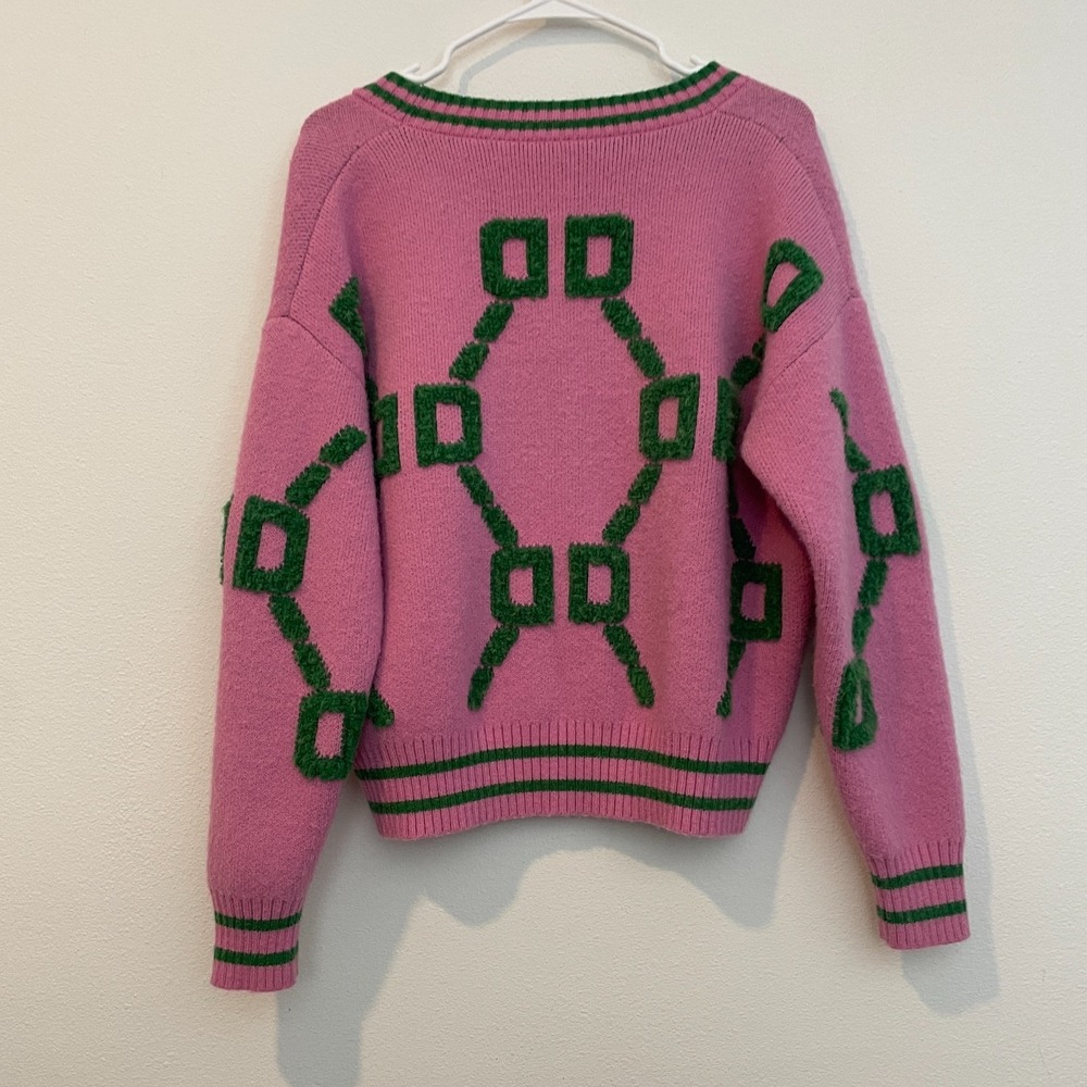 Cardigan Sweater Women L Pink Geometric Buttons Preppy Office Sorority - Picture 4 of 12